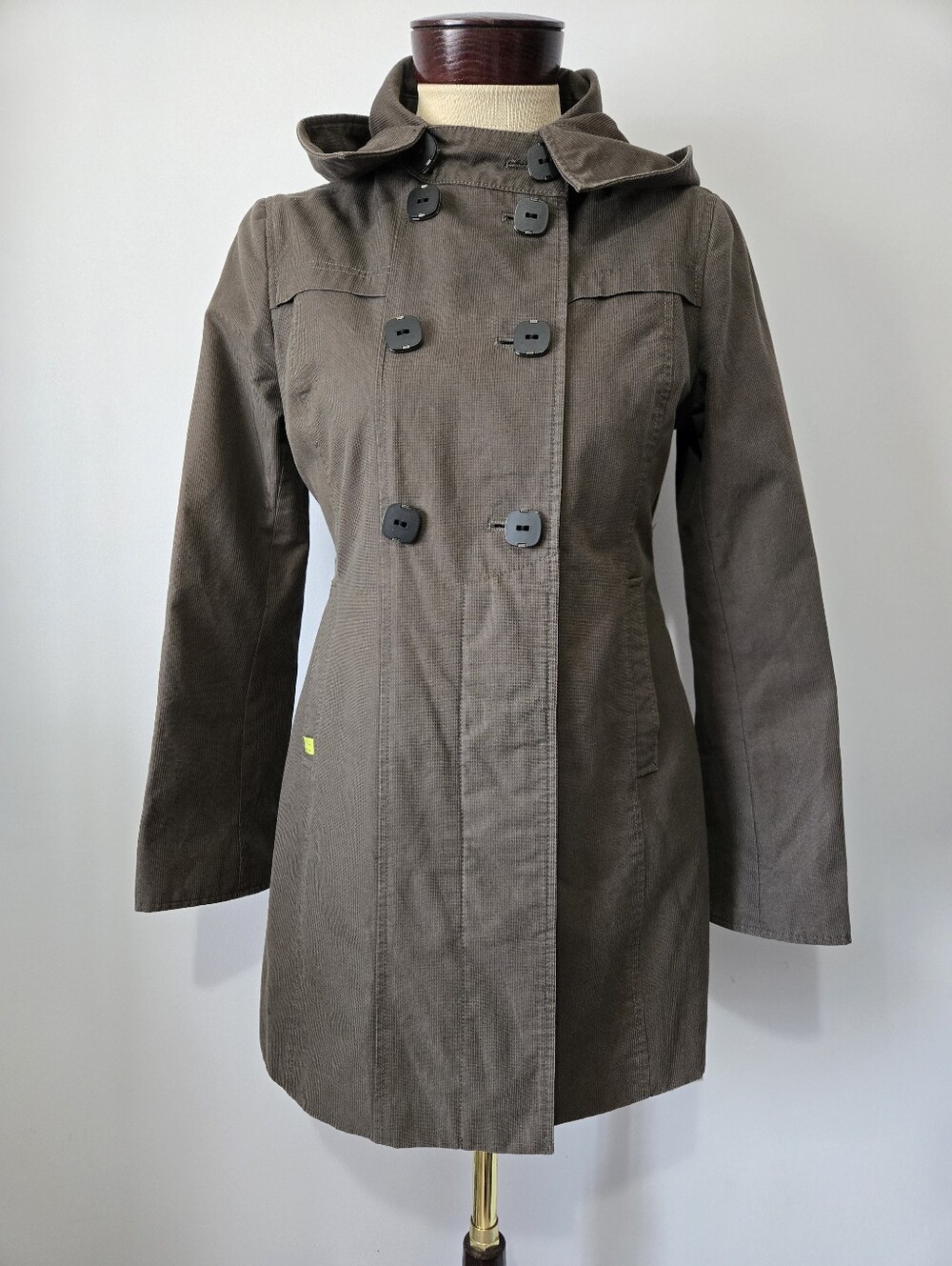 Soia & Kyo Hooded Double-Breasted Trench Coat - Olive Green. Size M